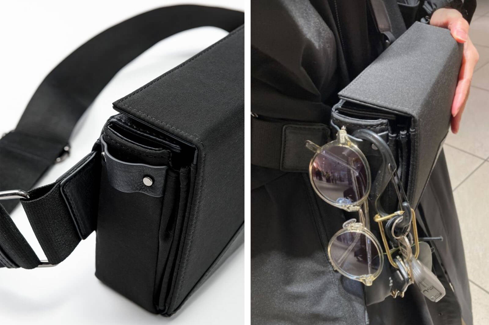 バッグのサイドにサングラスを引っ掛けられるタブを搭載しました