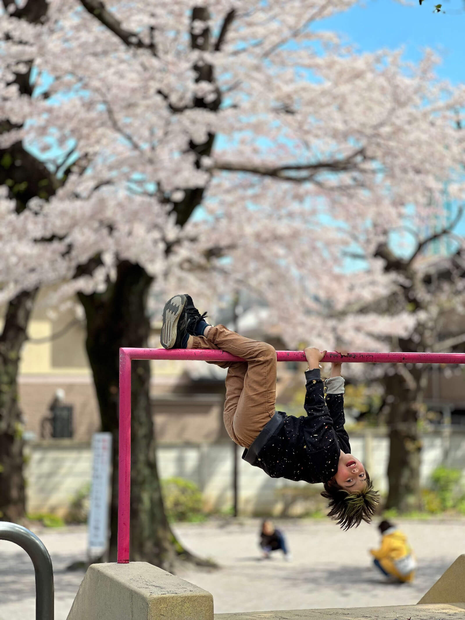 桜咲く公園で遊ぶ我が子